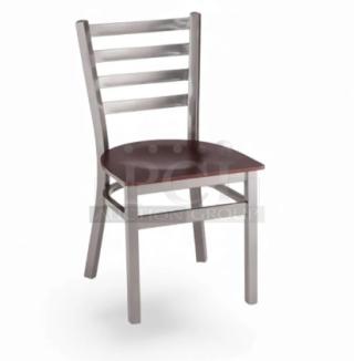 Brand new commercial stackable dining chair with metal ladder-back frame and mahogany wooden seat.