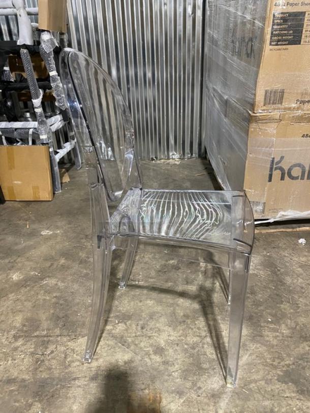 Brand new Flash Ghost Clear Heavy Duty Poly Stackable Dining Chair in pristine condition. Transparent design.