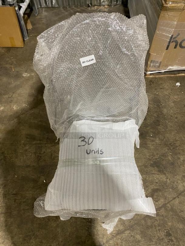 Brand new Flash Ghost clear poly stackable dining chairs in packaging; bubble wrap and label "30 Units" visible.