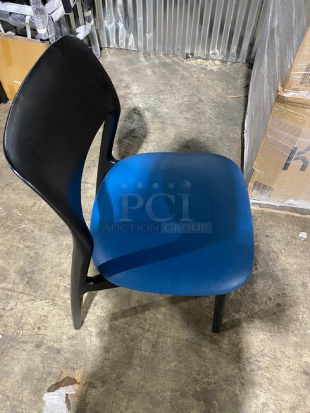 Brand new black poly frame chair with blue cushioned seat, ideal for indoor/outdoor use. Includes 2 chairs per bid.
