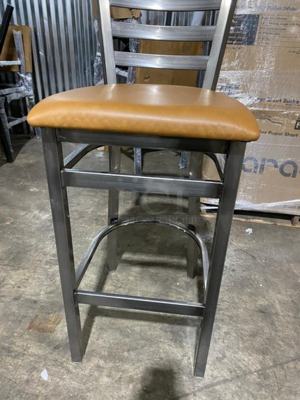 Dante 513 bar height chair, metal ladder back, distressed finish, cognac seat, new condition, set of four.