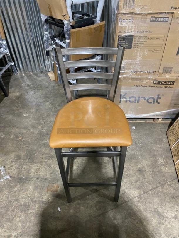 Dante 513 bar height chair, new, welded distressed metal ladder back, cognac seat, auction lot of 4.