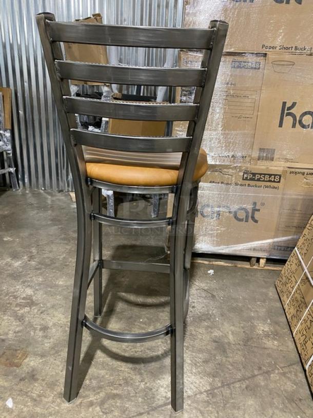 Dante Model 513 bar-height chair, heavy-duty welded metal with ladder back, distressed finish, cognac seat. Brand new.