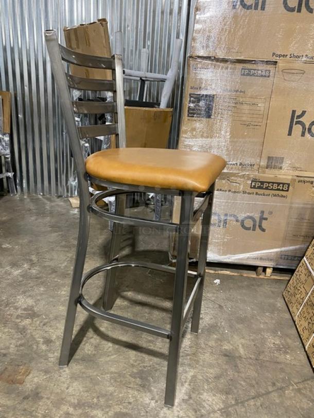 Dante 513 bar height dining chair, heavy-duty welded metal, distressed ladder back, cognac seat, brand new condition.