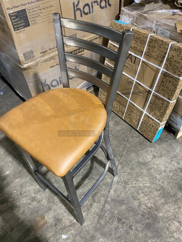 Dante 513 bar height dining chair, heavy-duty welded metal, distressed finish, brown seat, new condition.
