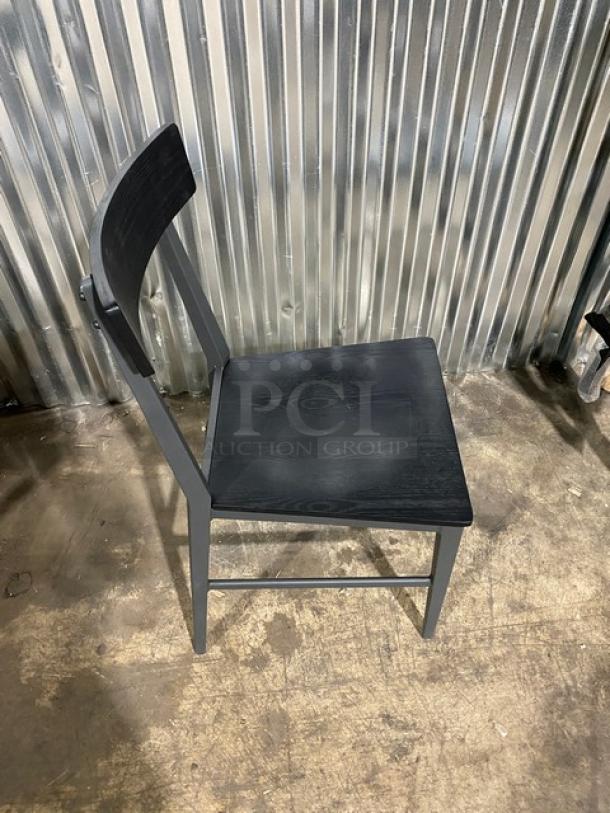 Kinley Model 570 dining chair, black metal frame, distressed black wood seat/back, brand new condition.