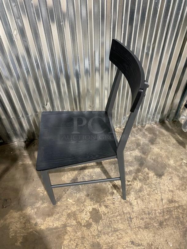 Kinley Model 570 chair, heavy duty black metal, distressed black wood seat and back, brand new condition.