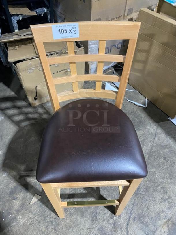 Bar-height chair with checker wooden frame and chocolate cushioned seat, model 4650. New, tag indicates auction quantity.