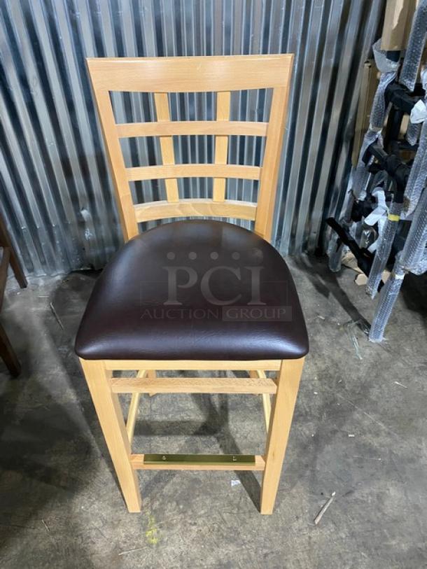 Brand new Checker bar-height wooden-style chair, model 4650, with chocolate-colored cushioned seat.