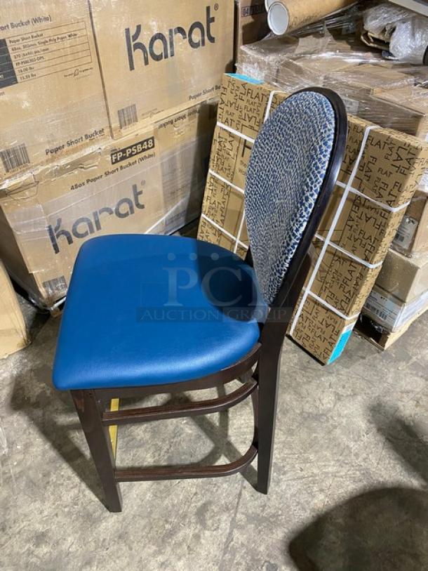 Round-back bar stool, solid wood-style, blue upholstered seat, brand new condition, durable design, ideal for home or bar use.