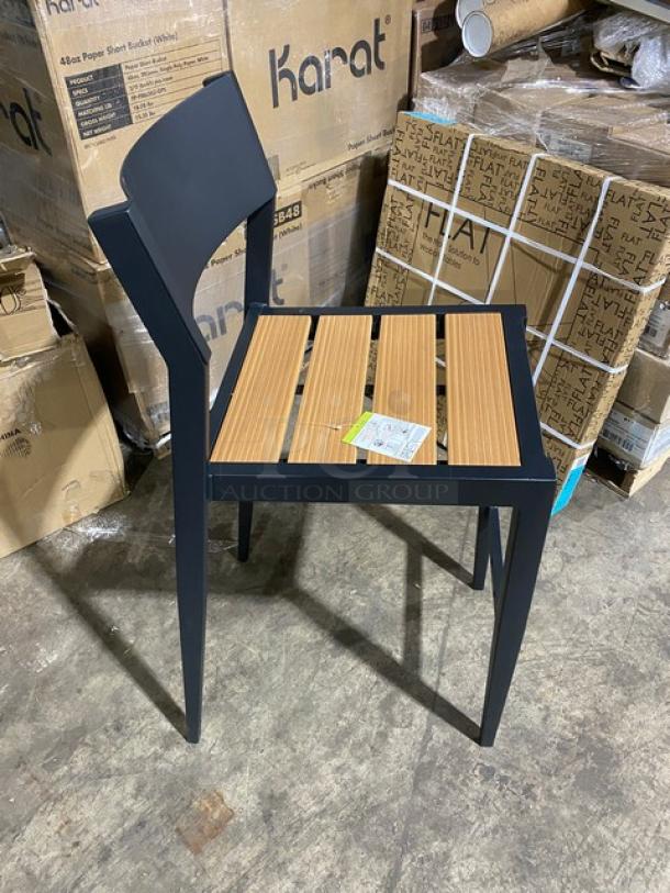 Black aluminum outdoor bar-height stool with light brown imitation teak slat seat. Brand new condition.