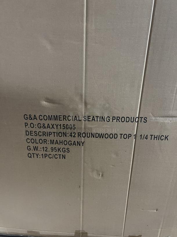 Mahogany round dining table with metal pedestal base, 42-inch top, 1 1/4 inch thick. New, commercial quality.