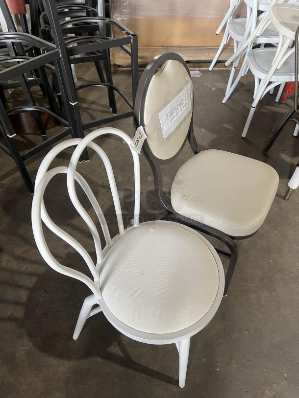 Commercial white bentwood stackable dining chair, sturdy design. Visible label with item details. Perfect for banquet use.