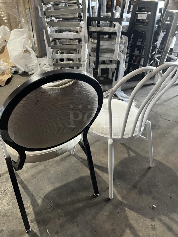 Commercial white bentwood stackable dining chair next to black stackable banquet chair. Both in warehouse setting, pristine condition.