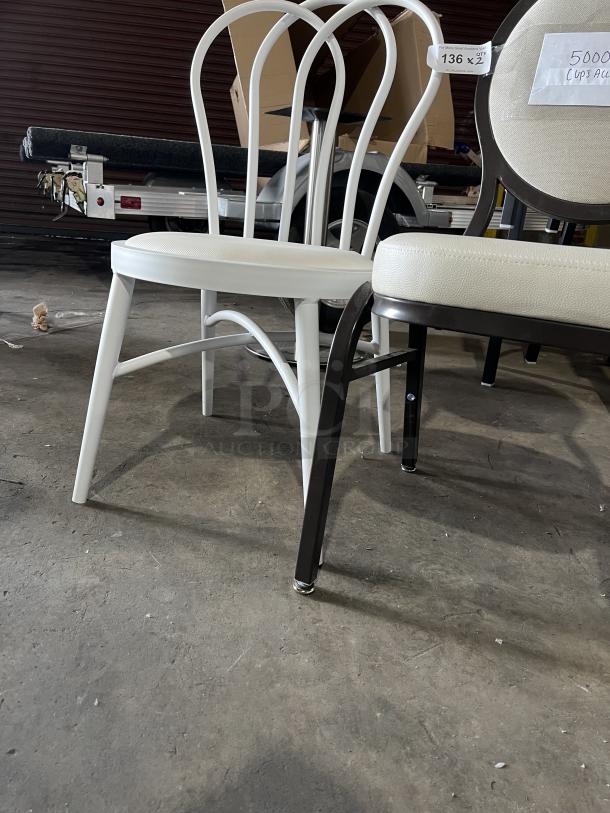 Commercial white bentwood stackable dining chair, features curved backrest and sturdy legs. Ideal for banquet and ballroom use.
