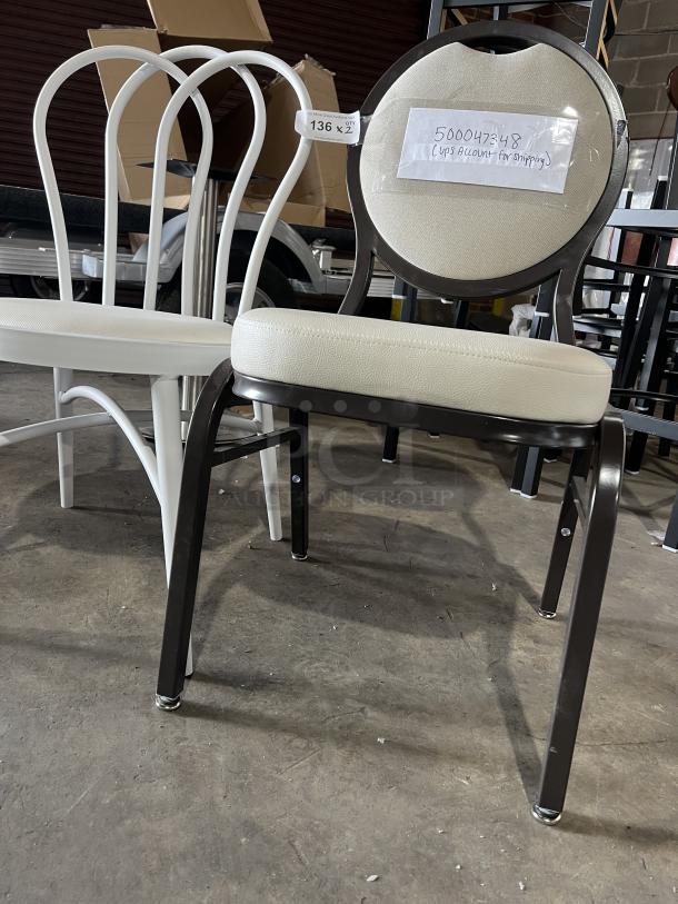 Commercial white bentwood stackable dining chair alongside a stackable banquet chair. Both in good condition, with visible labels.