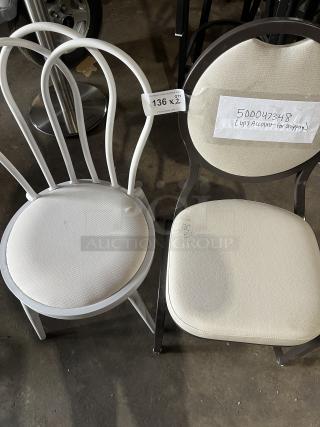 Commercial white bentwood stackable dining chair with curved backrest alongside a stackable ballroom chair. Both in used condition, visible tags indicate quantity and shipping details.
