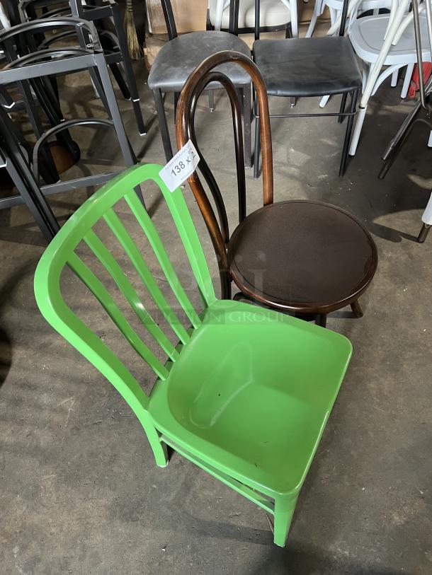 Flash Furniture green metal stackable chair and brown bentwood style chair. Visible tag reads “138 x 2.” Good condition.