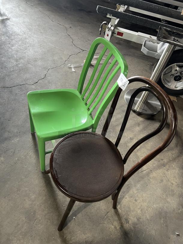 Flash Furniture green metal stackable chair and brown bentwood dining chair on concrete floor, both in used condition.