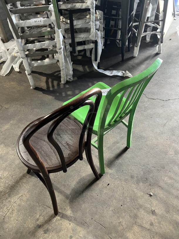 Flash Furniture green metal stackable chair with brown bentwood style dining chair, commercial use, indoor/outdoor.