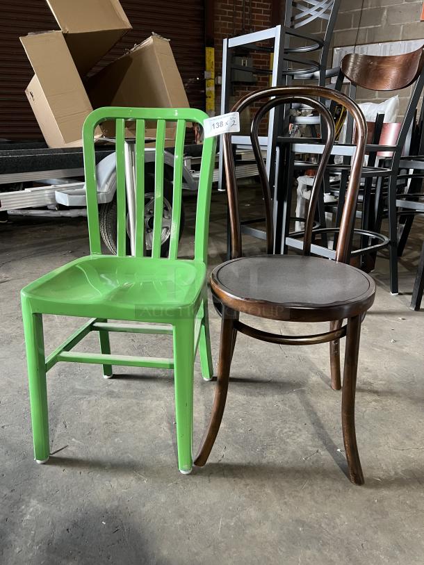 Flash Furniture green metal stackable chair and brown bentwood-style dining chair, used condition, with visible lot tag.