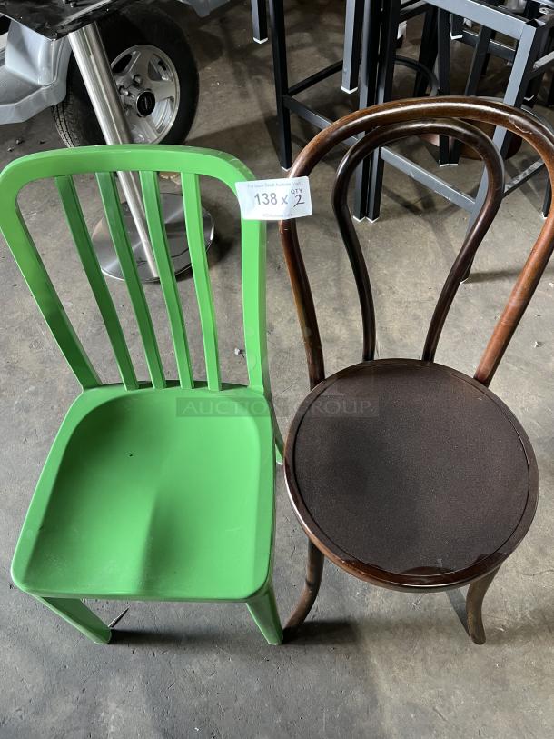 Flash Furniture green metal stackable chair and brown bentwood style chair. Indoor/outdoor. Quantity tag: 138 x 2.