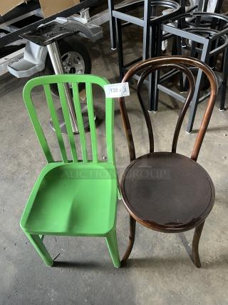 Flash Furniture green metal stackable chair and brown bentwood-style dining chair, indoor/outdoor use, label reads "138 x 2".