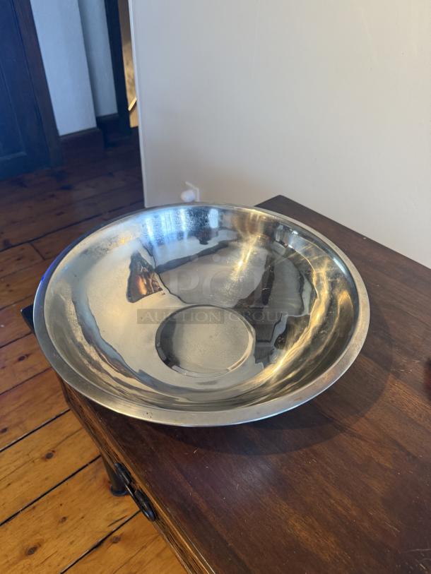 13" stainless steel mixing bowl, 13-quart capacity, commercial-quality, polished finish, good condition.