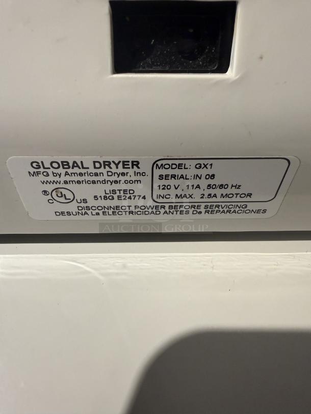 Global Dryer GX1 hand dryer label by American Dryer, 120V, 11A, 50/60Hz. Durable, economical, for commercial use.