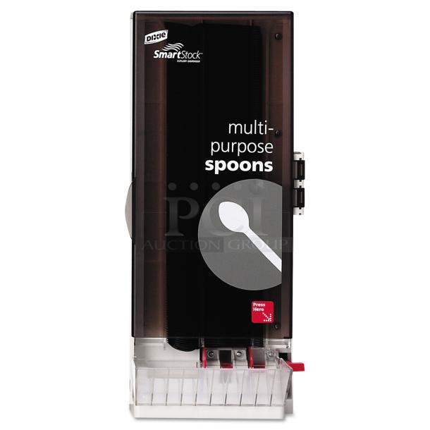 Dixie SmartStock SSSD120 Spoon Dispenser, hygienic tower-style, medium-weight polystyrene, black casing, "multi-purpose spoons" label.