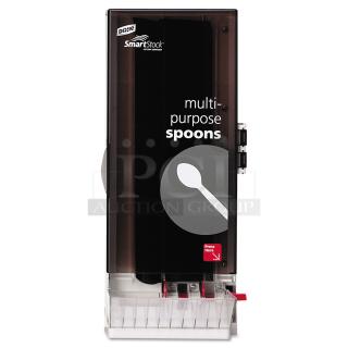 Dixie SmartStock SSSD120 Spoon Dispenser, hygienic tower-style, medium-weight polystyrene, black casing, "multi-purpose spoons" label.