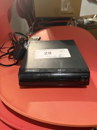 Craig Compact DVD/CD Player with remote and RCA cables, in black. Includes auction label "28" on top. Ideal for media playback.
