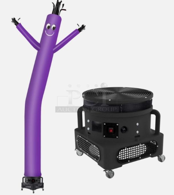 Skyer purple air dancer and blower set, featuring a cheerful design with waving arms, ideal for outdoor advertising.