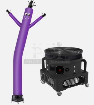 Skyer purple air dancer and blower set, featuring a cheerful design with waving arms, ideal for outdoor advertising.