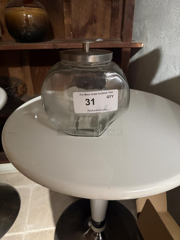 Bulk lot of 25 glass candy jars with metal lids, rounded square shape, good used condition, ideal for toppings or spices.