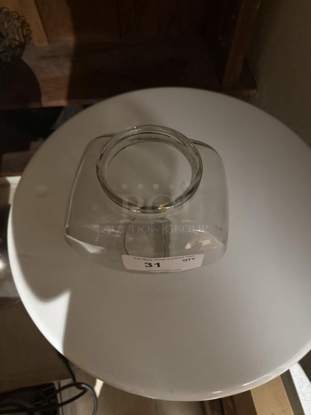 Bulk lot of 25 glass jars with metal lids; rounded square shape; good used condition; ideal for toppings or spices.