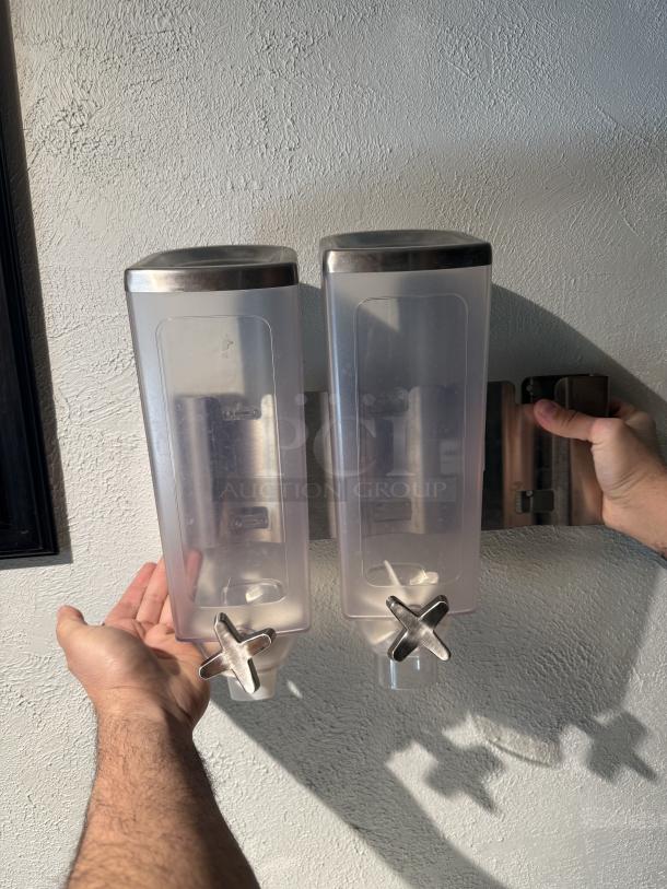 Rosseto EX-SERV dry food dispensers with stainless steel brackets and clear acrylic containers in excellent condition.