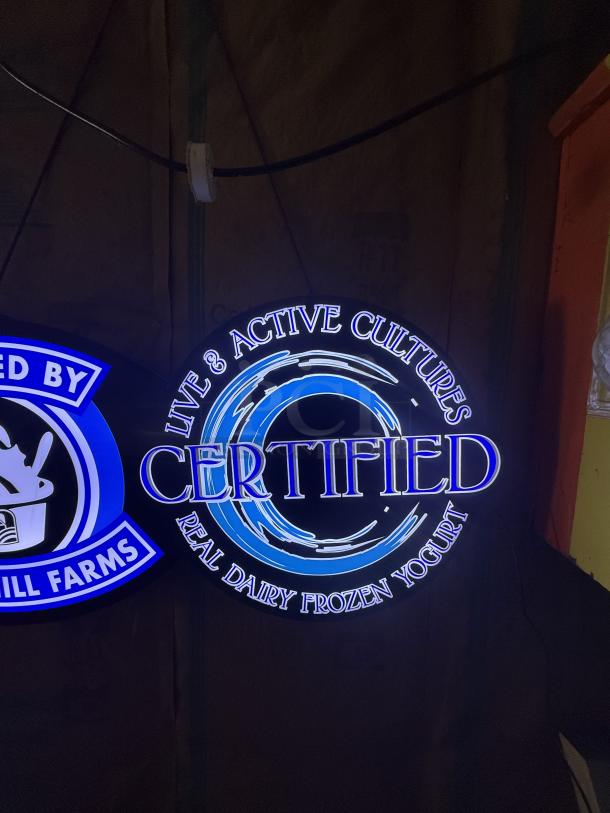 LED light-up signs for frozen yogurt shop, featuring "Certified Real Dairy Frozen Yogurt" in bright blue and white text.