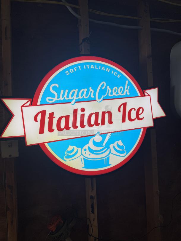 LED light-up sign for "Sugar Creek Italian Ice," featuring vibrant colors and retro style, perfect for decor.