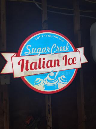 LED light-up sign for "Sugar Creek Italian Ice," featuring vibrant colors and retro style, perfect for decor.