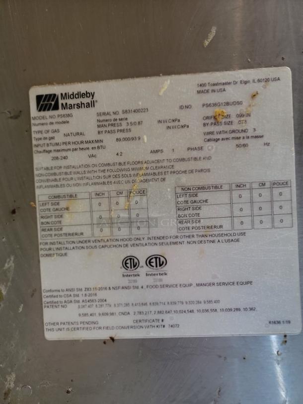 Middleby Marshall Model PS683G label, showing serial number S831400223, gas type natural, and BTU input of 89,000/93,900.
