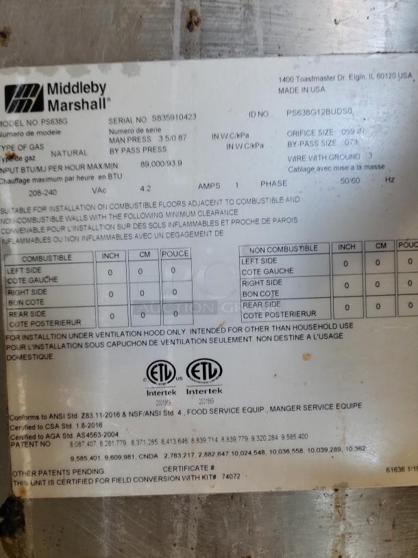 Middleby Marshall commercial oven tag, Model PS638G, Serial S835910423, natural gas, 89,000 BTU/hour, ETL certified.