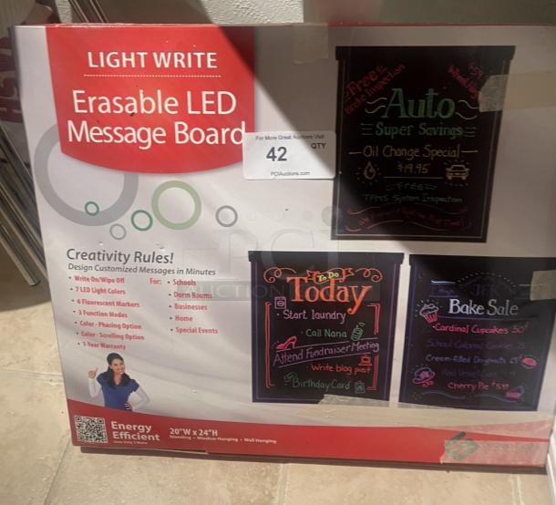 Green Light Innovations LIGHT WRITE 20"x24" LED Erasable Message Board; includes 7 LED colors, 6 markers, and 3 function modes.