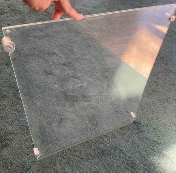 Clear acrylic wall sign holder, 20x24 inches, with stand-offs. Ideal for posters and certificates. Excellent condition.