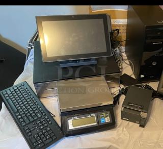 Pinnacle POS system with CAS SW-10 scale, keyboard, monitor, receipt printer, and HP Pro PC; ideal for retail.