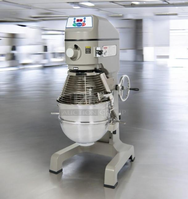Globe SP40P 40-Qt commercial planetary floor mixer, superb condition, 220V, fully tested, stainless steel bowl, control panel.