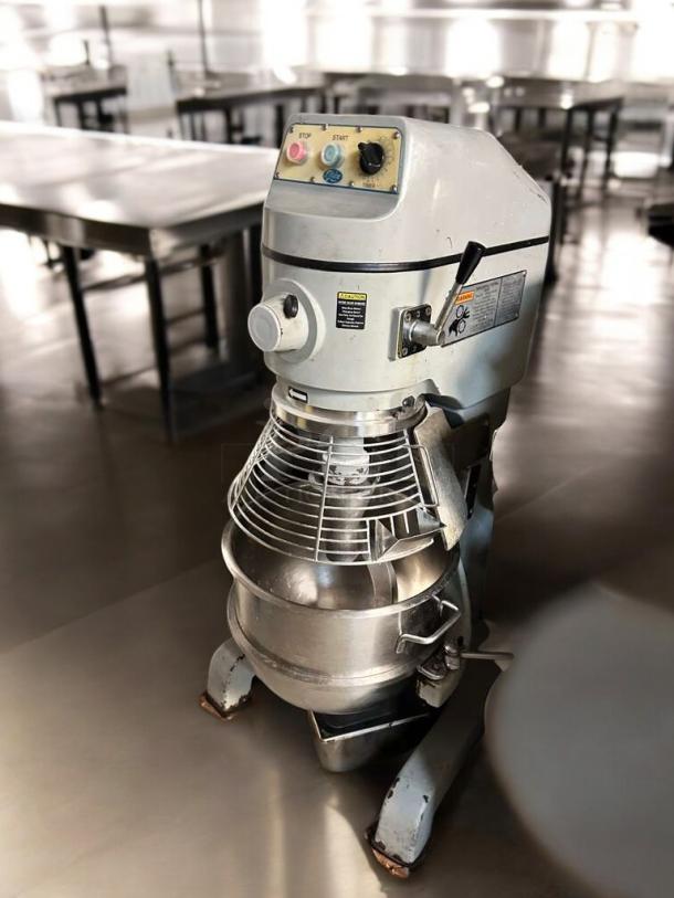 Globe SP40P 40-Qt commercial planetary floor mixer, superb condition, 220V, fully tested, visible controls and safety labels.