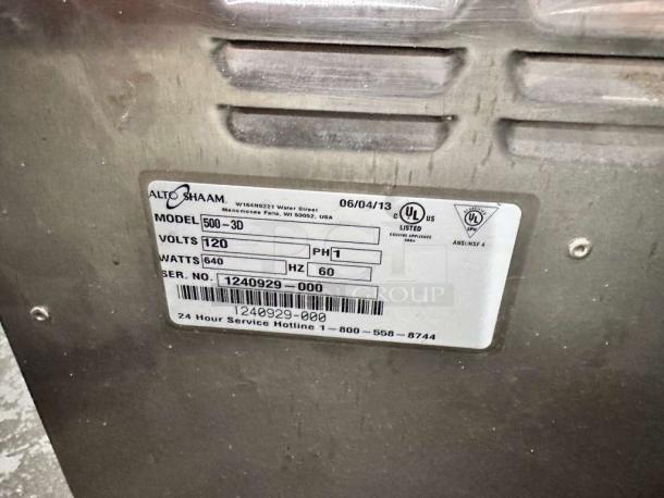 Alto-Shaam 500-3D commercial heated drawer with model label showing 120V, 640W, and serial number for reference.
