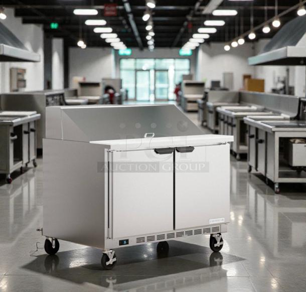 Immaculate Beverage-Air SPE48HC-18M commercial prep table, 115V, spotless condition, fully tested, stainless steel finish.