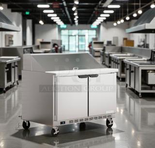 Immaculate Beverage-Air SPE48HC-18M commercial prep table, 115V, spotless condition, fully tested, stainless steel finish.